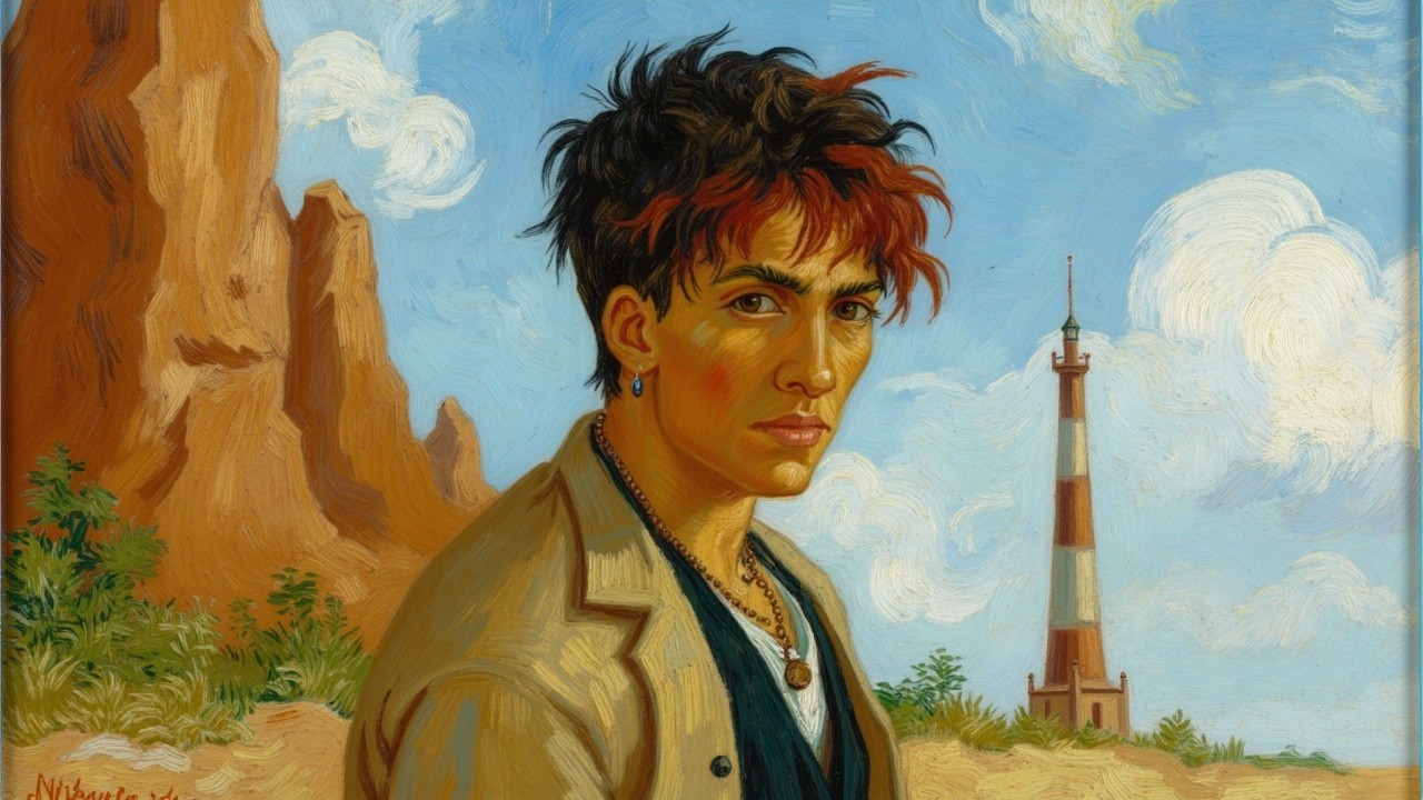 Young man with tousled hair and lighthouse backdrop
