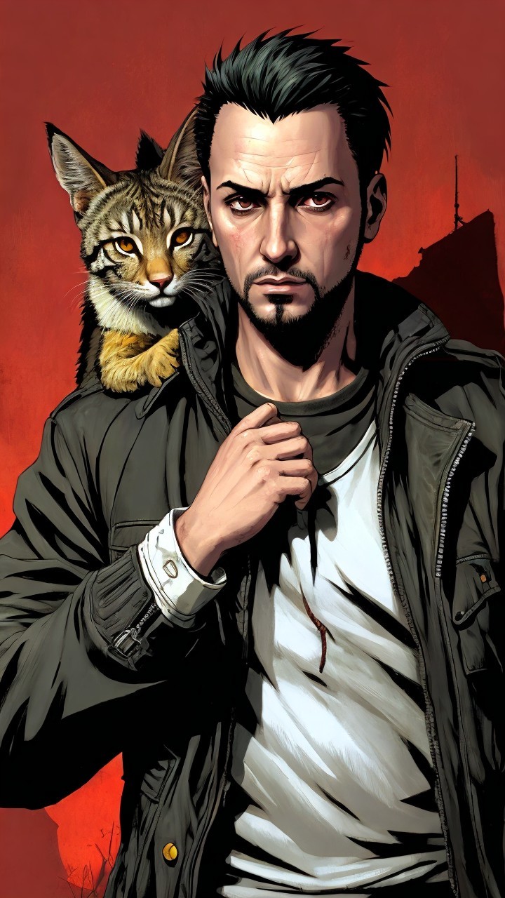 Rugged Man with Wild Cat Against Bold Red Background