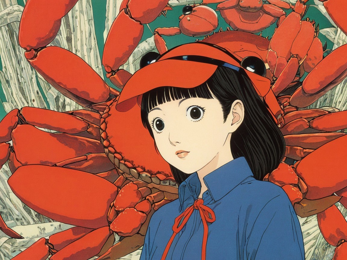 Anime girl with black hair and red hat by crab