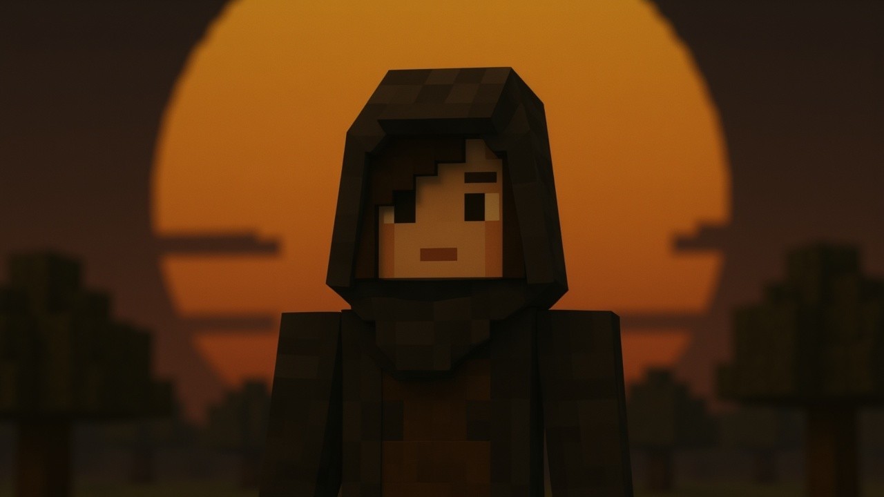 Pixelated Character at Sunset in Blocky World