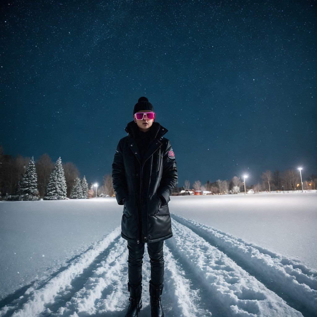 Person in Black Coat and Pink Sunglasses in Snowy Field