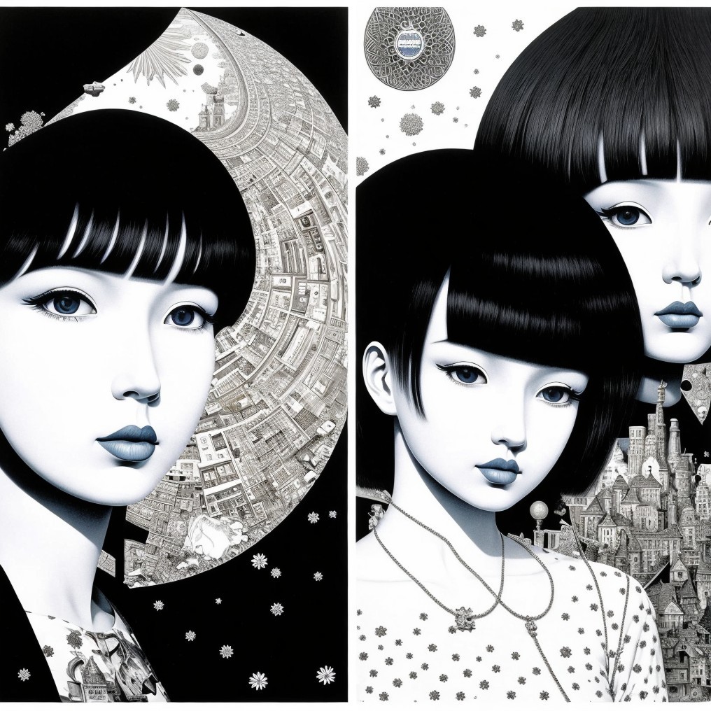 Three Stylized Female Figures in Surreal Artwork
