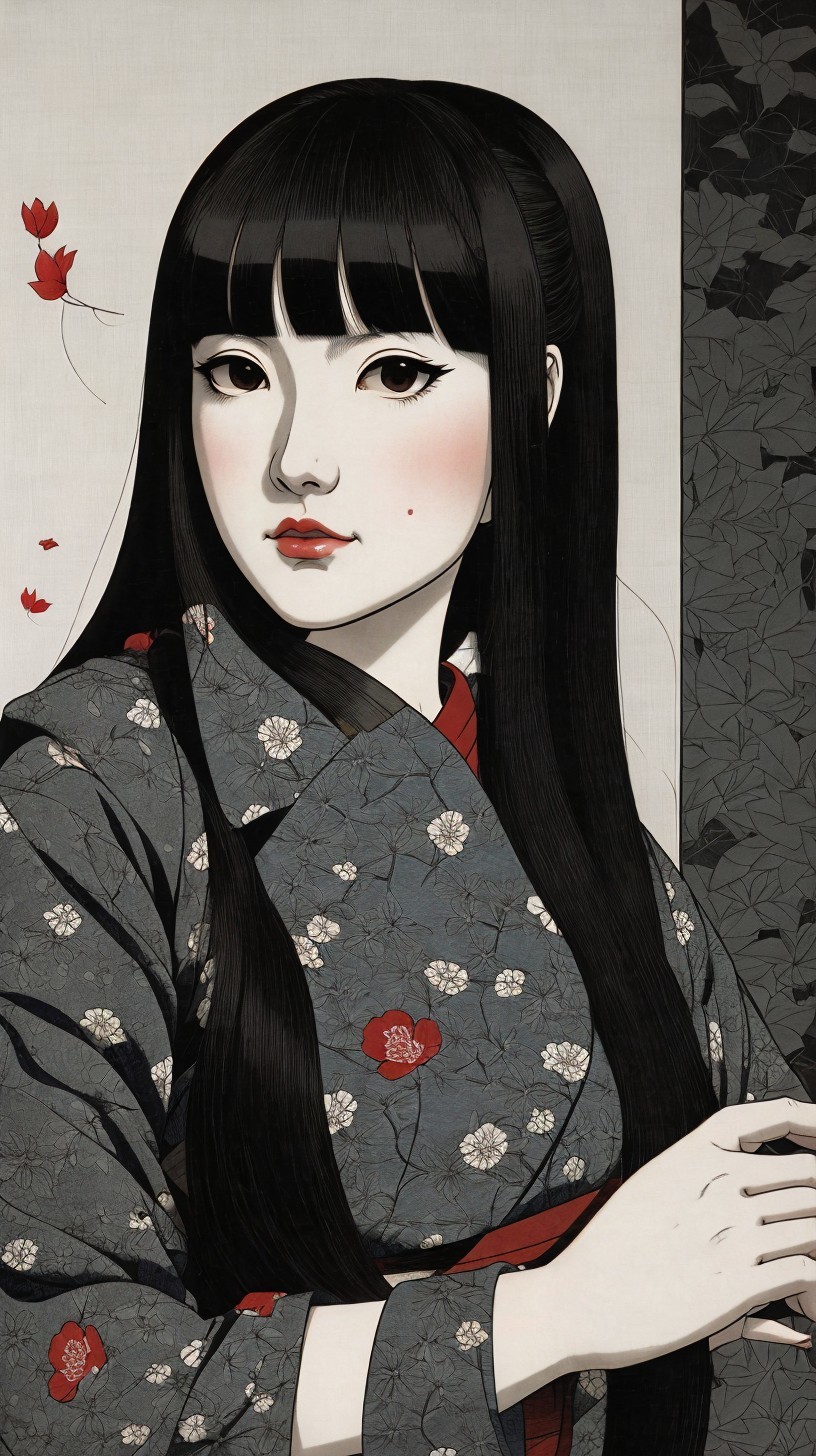 Detailed Digital Painting of a Young Woman in Kimono