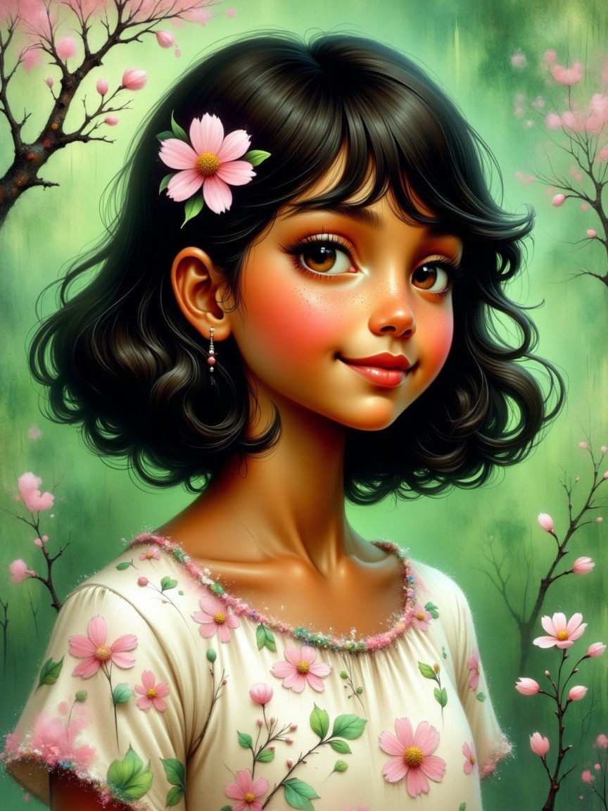 Young girl in floral dress with cherry blossoms backdrop
