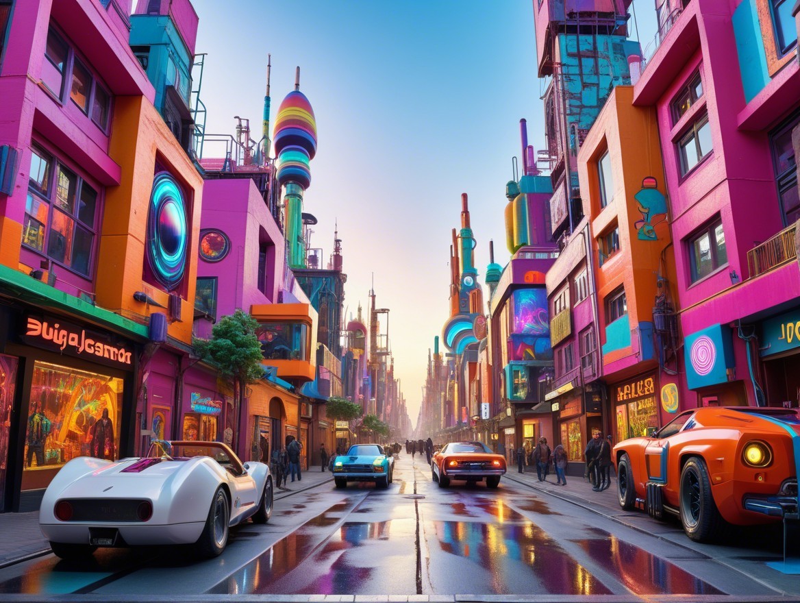 Futuristic Cityscape with Neon Skyscrapers and Art