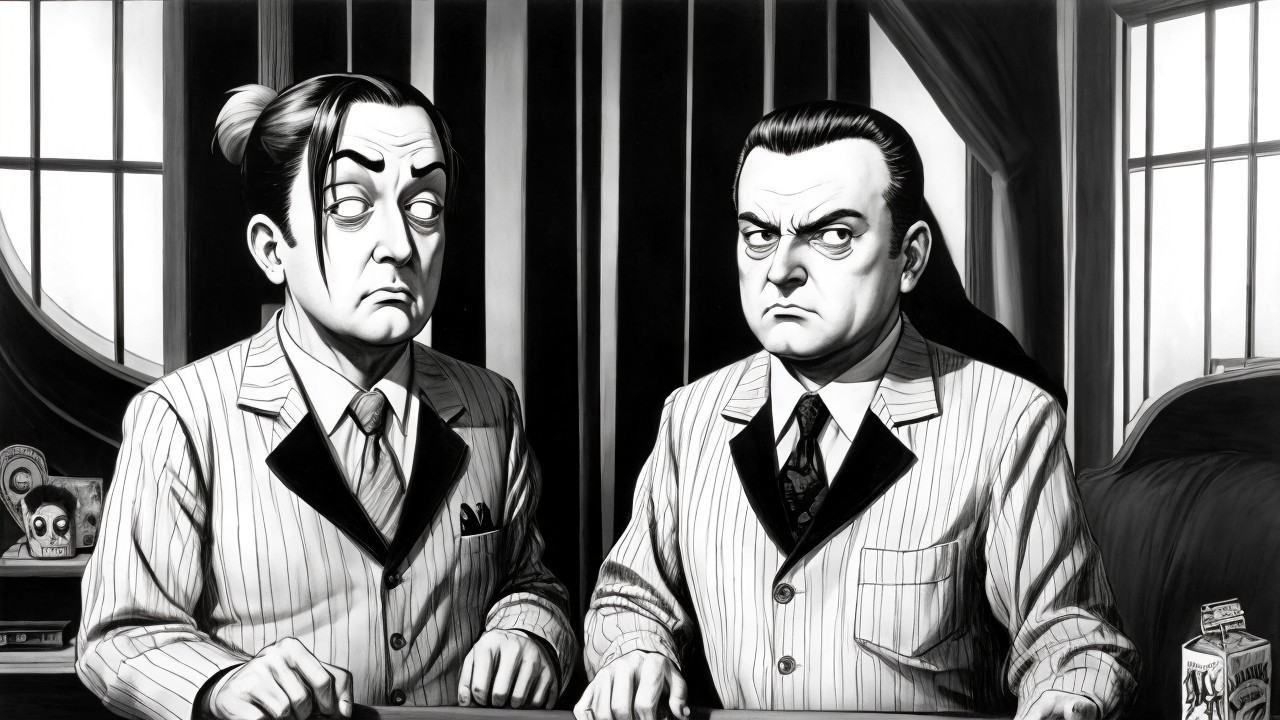 Stylized Black-and-White Scene with Two Men in Suits