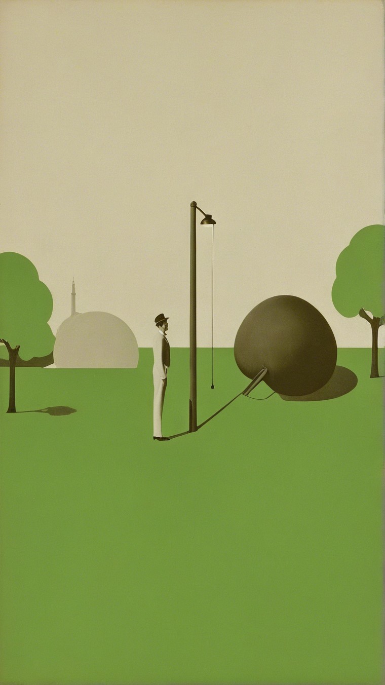 Minimalist Scene with Figure and Surreal Landscape