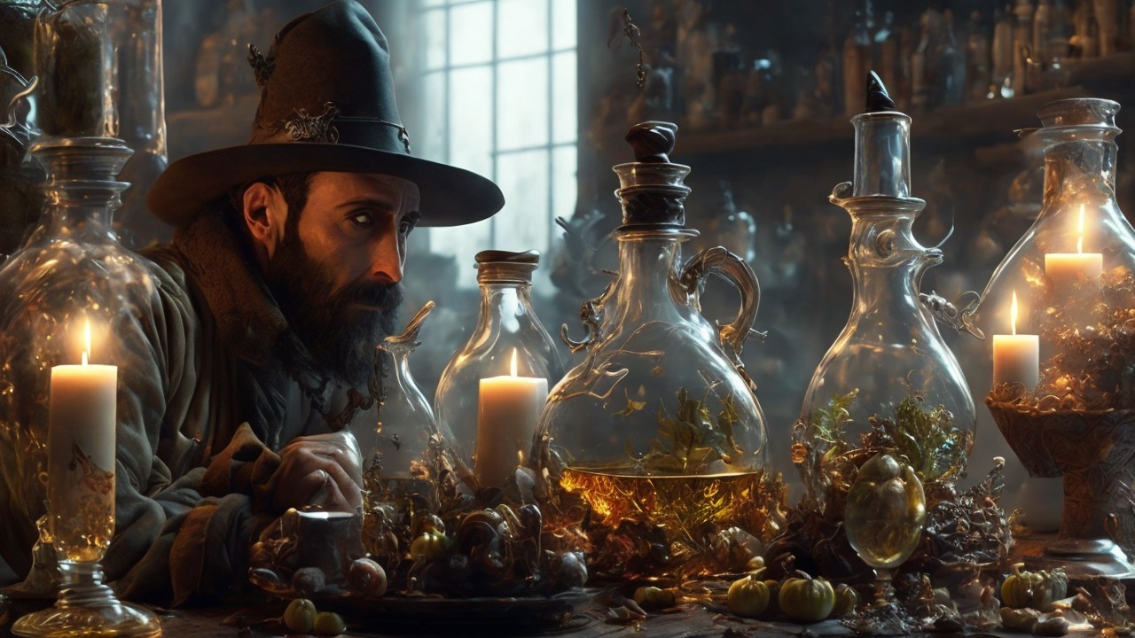 Mysterious Figure Examines Ornate Glass Bottles