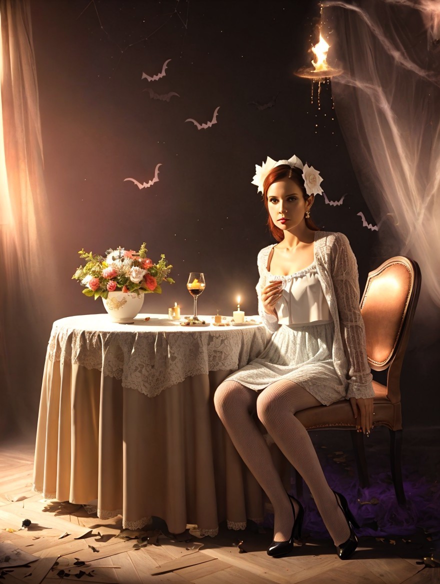 Elegant Table Setting with Mysterious Woman and Bats