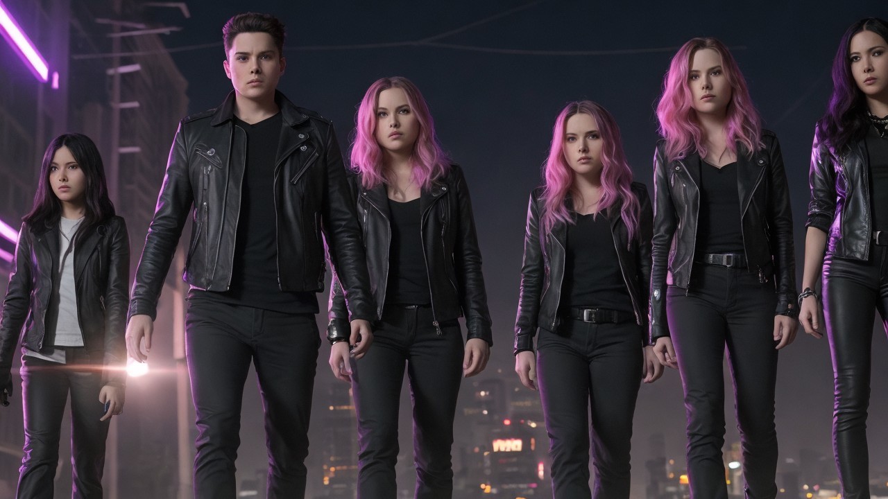 Group of Individuals in Black Leather Jackets at Night