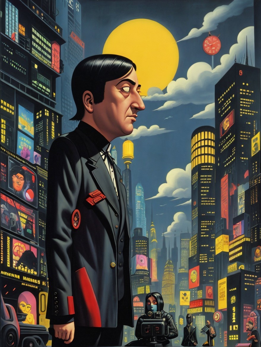 Tall Figure in Black Suit in Neon Cityscape