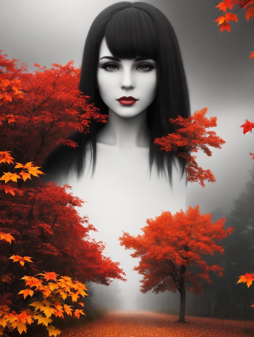 Ethereal Doll in Misty Autumn Landscape