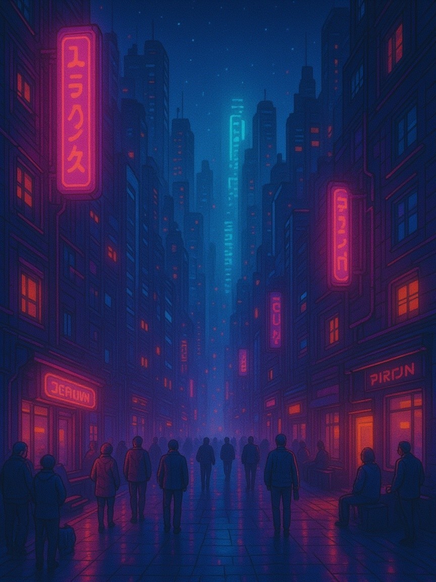 Neon-Lit Urban Alleyway with Skyscrapers and Mist