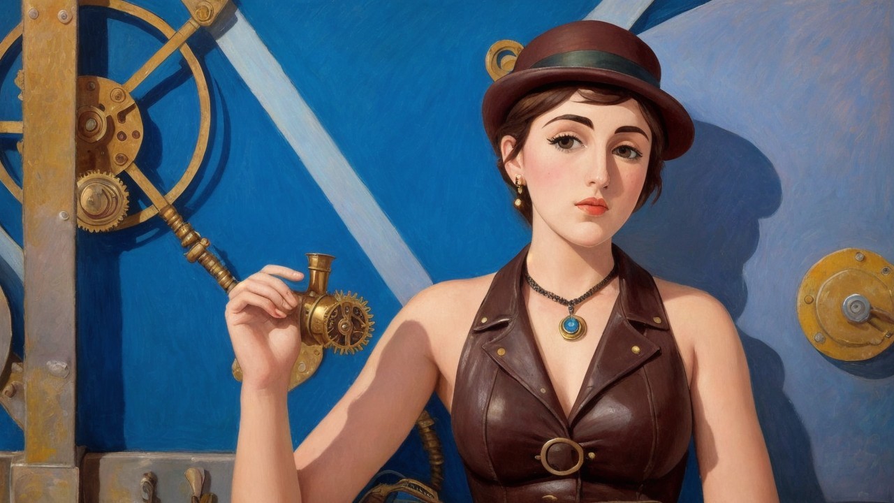 Detailed Oil Painting of Woman with Steampunk Device