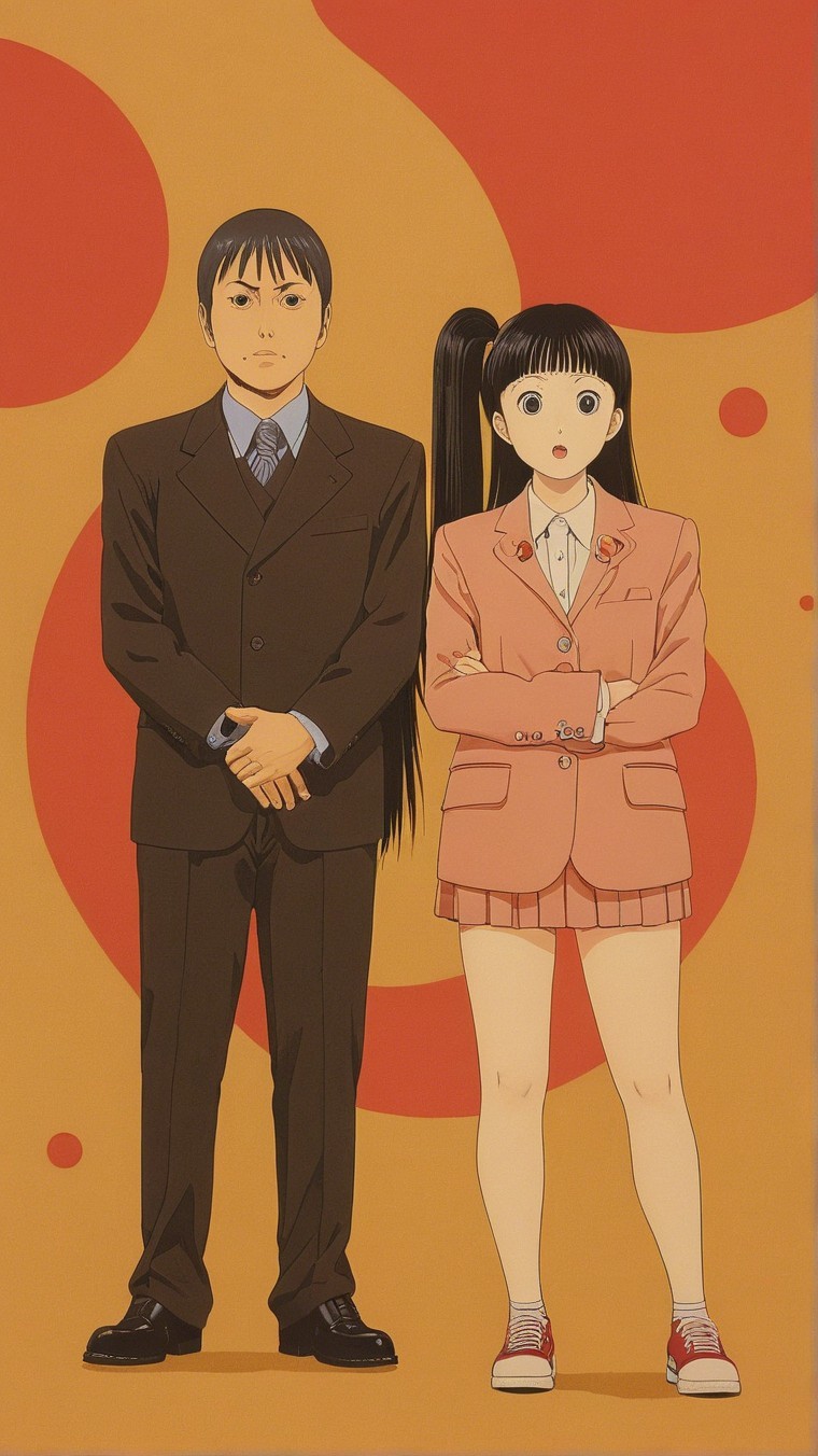 Two Characters in Vibrant Orange Background