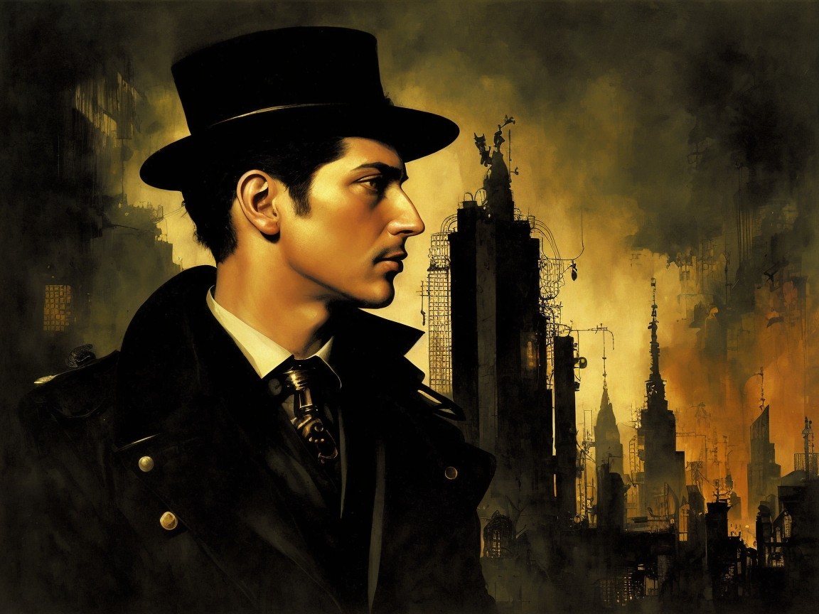 Stylish Figure in Formal Attire Against Dark Cityscape