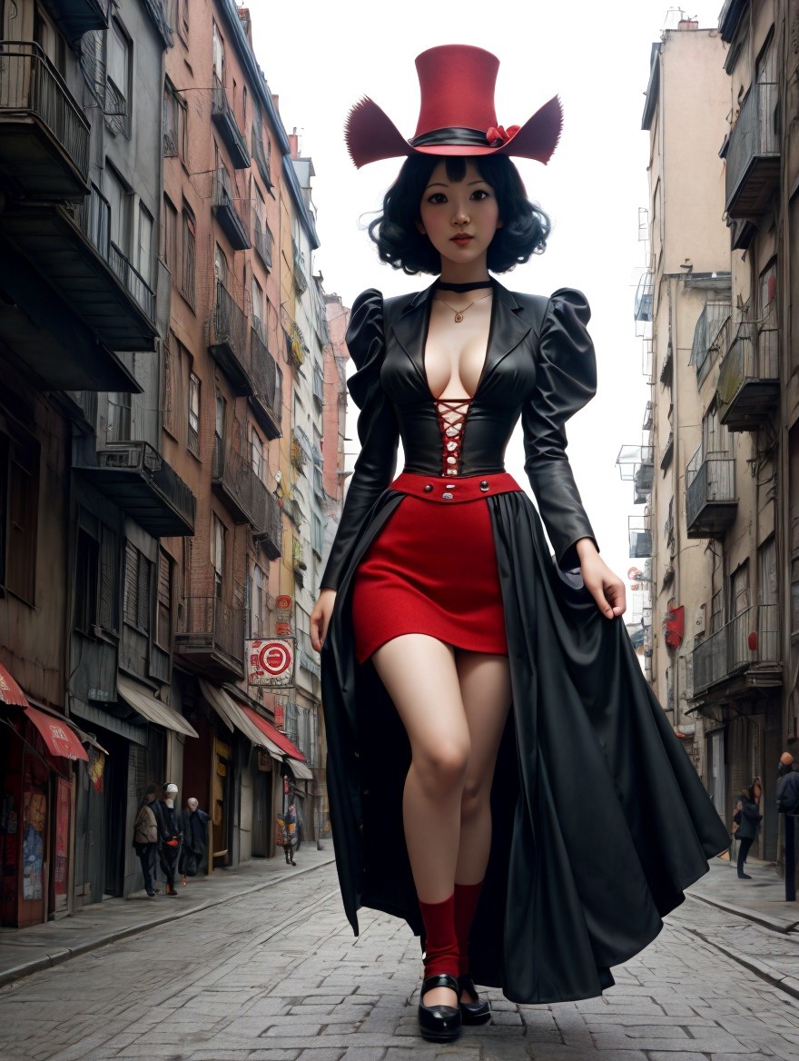 Stylish Woman in Black Coat and Red Dress on Urban Street