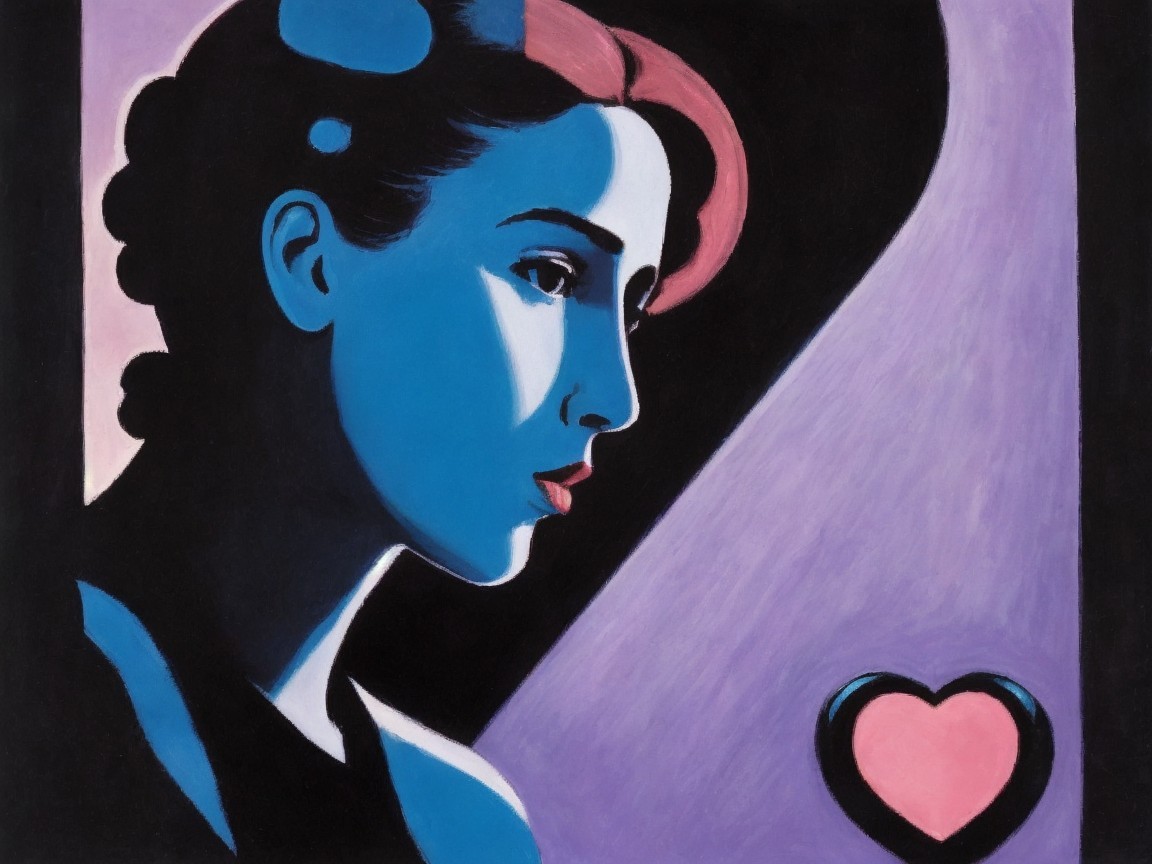 Stylized blue-toned woman profile with purple background