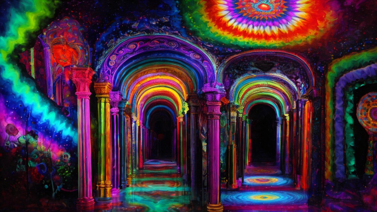 Vibrant Surreal Scene with Colorful Arches and Patterns