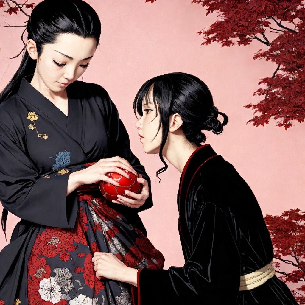 Elegant Figures in Traditional Japanese Attire with Maple Leaves