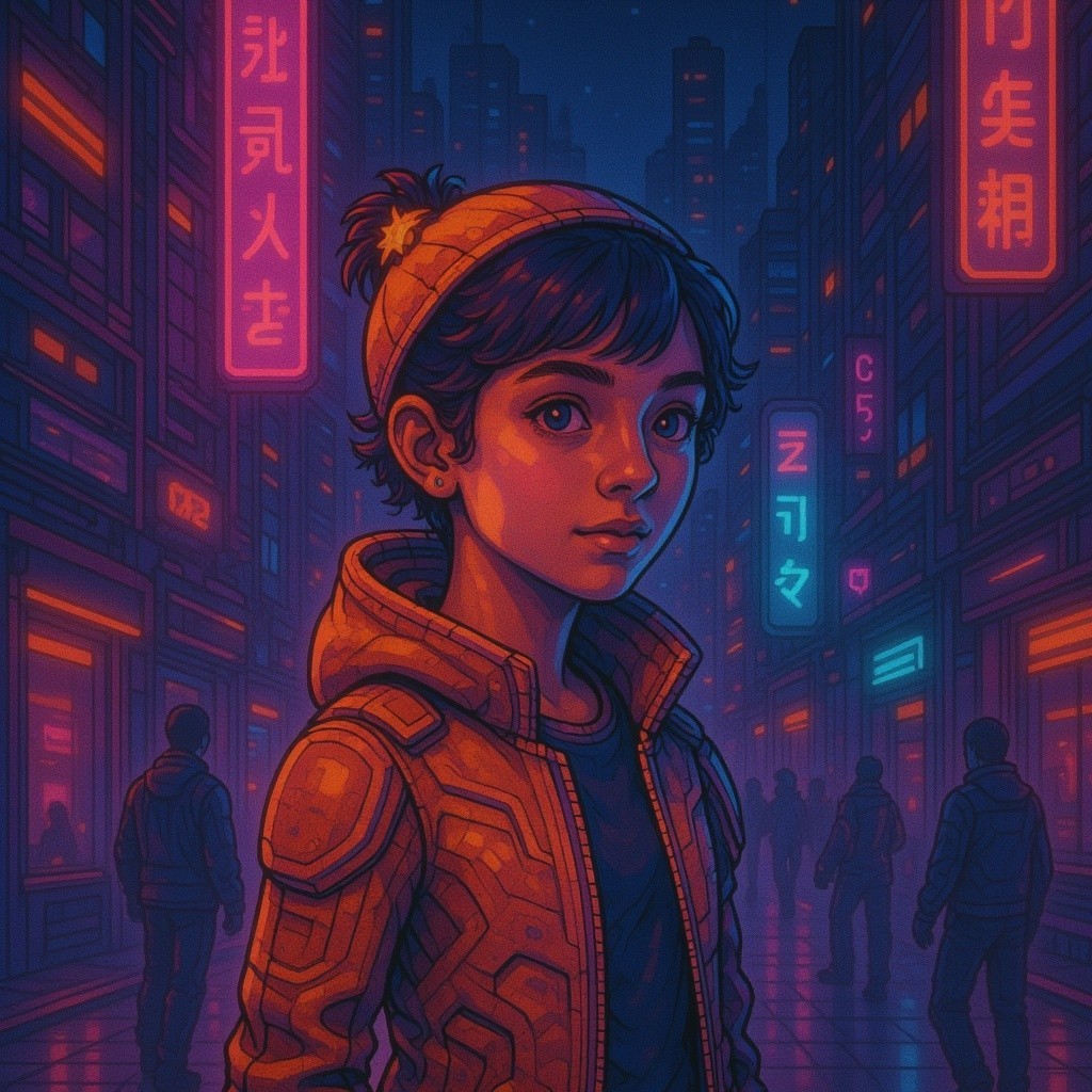 Neon-Lit Cityscape with Stylish Young Person