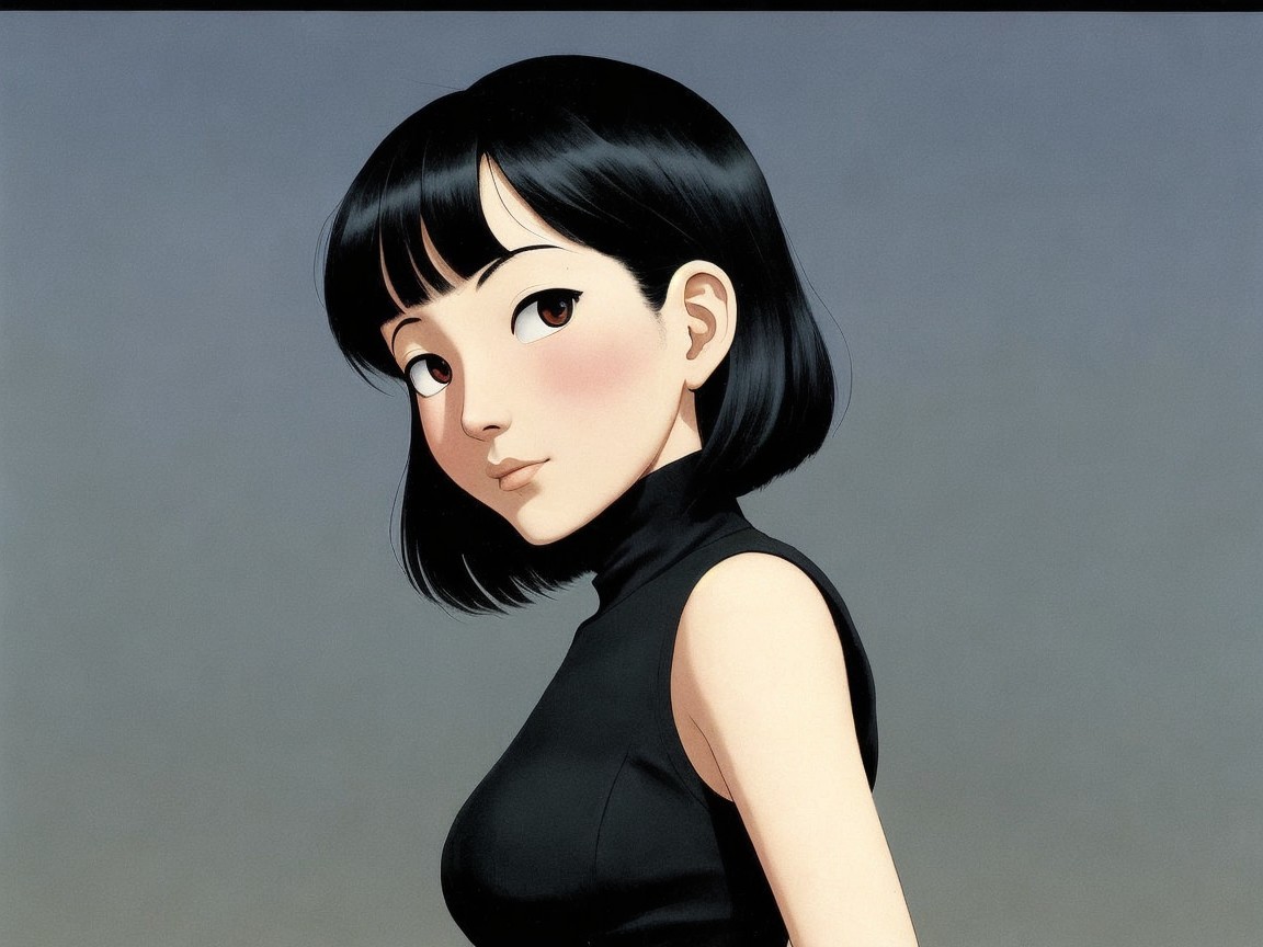 Young woman with black bob hairstyle and fitted top