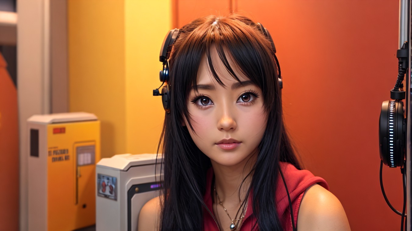 Young woman with headphones in cozy studio setting