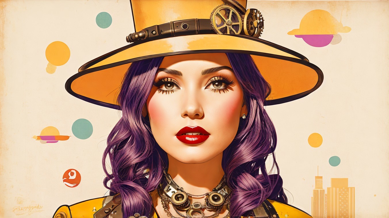 Stylish woman with purple hair and steampunk hat