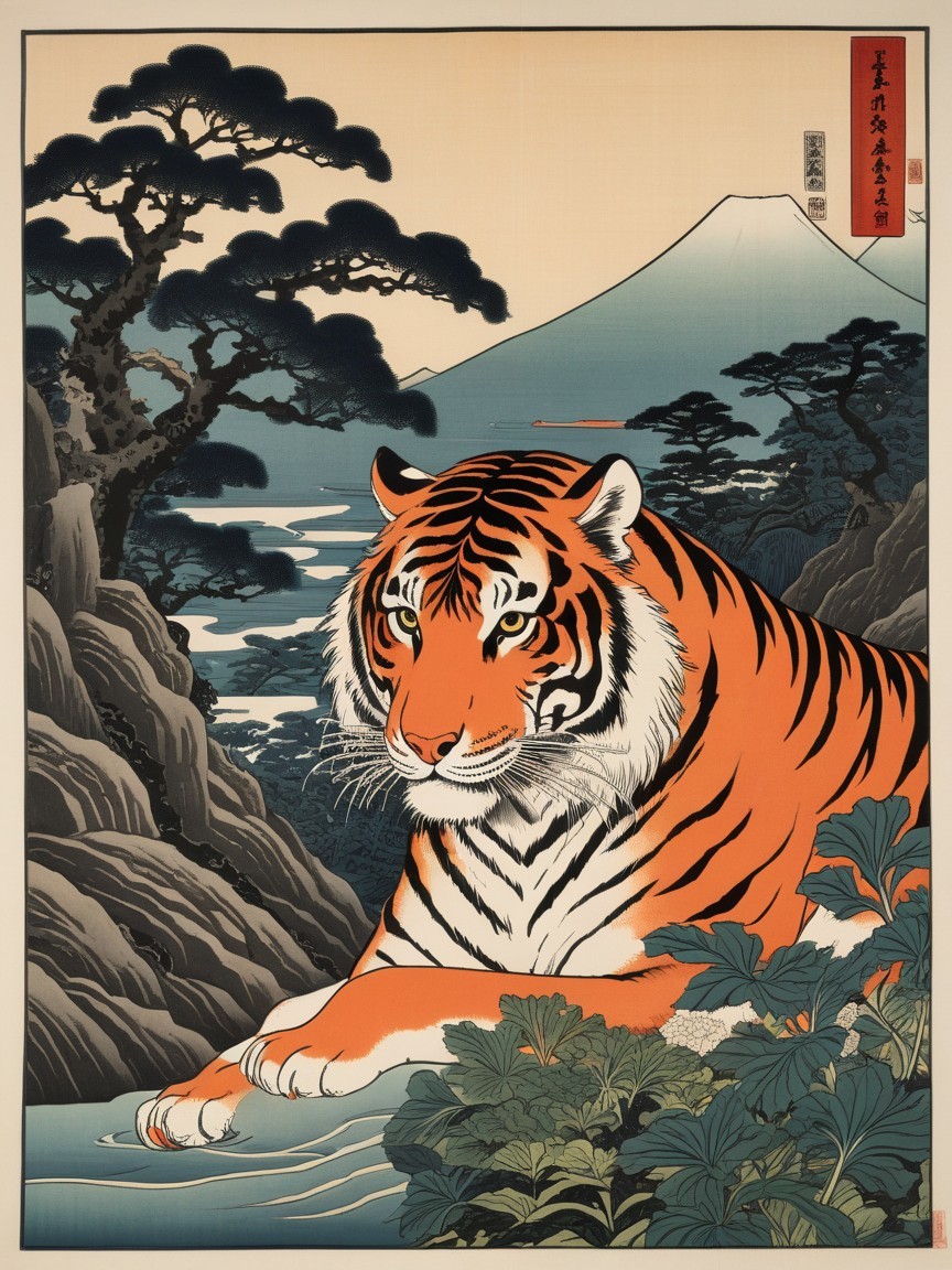 Tiger by Blue River Surrounded by Green Foliage