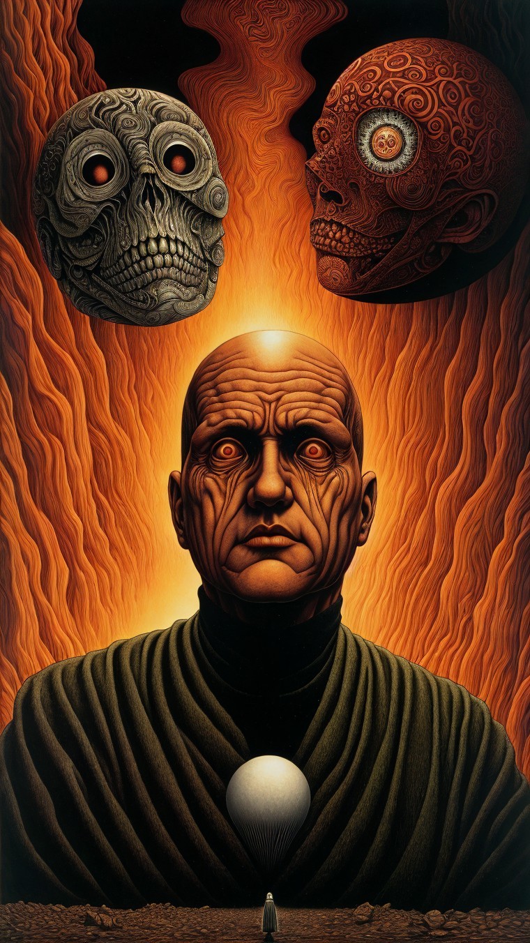 Intense Figure with Skulls and Fiery Background