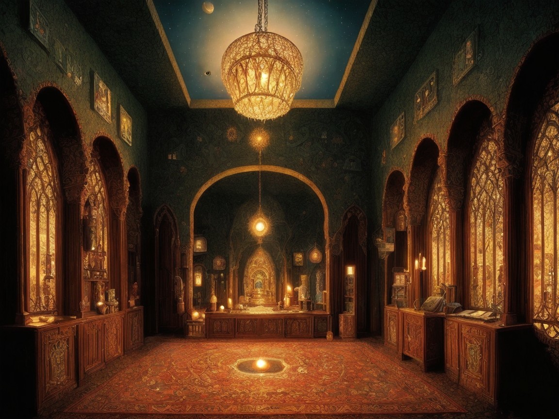 Opulent room with intricate architecture and artifacts
