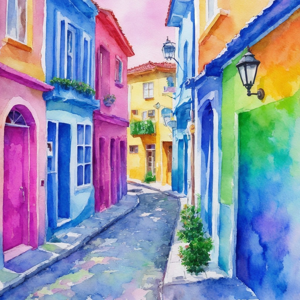 Colorful Alleyway with Watercolor Houses and Flowers