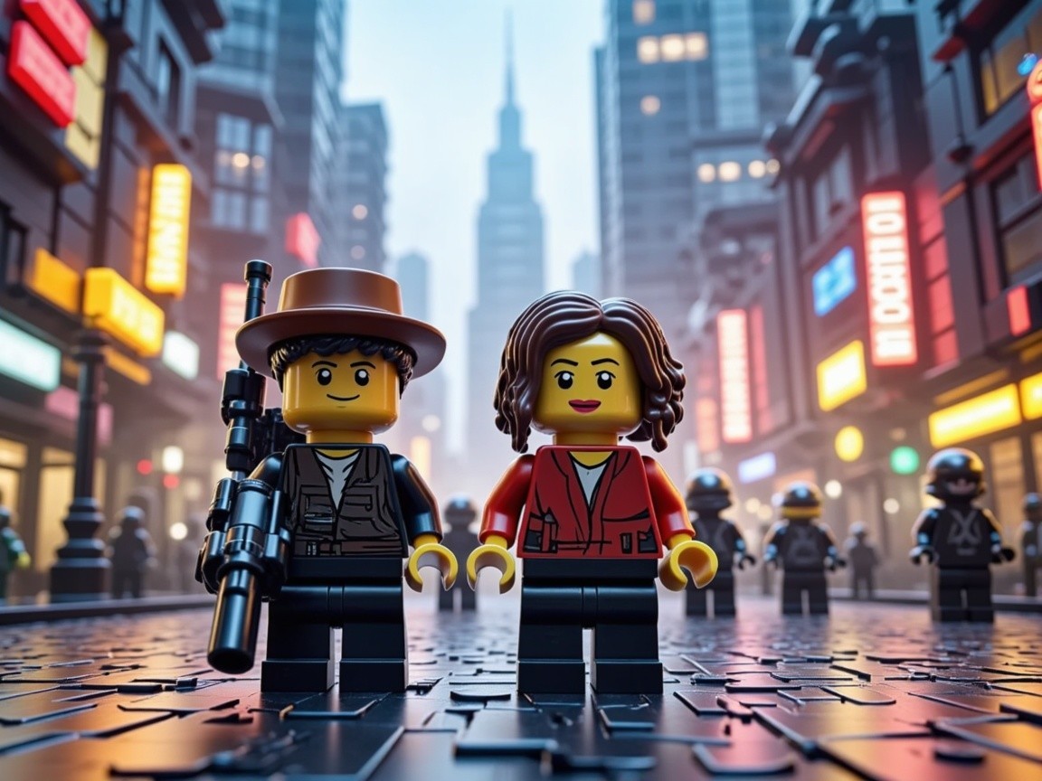 Lego Characters in Neon Cityscape on Rainy Street