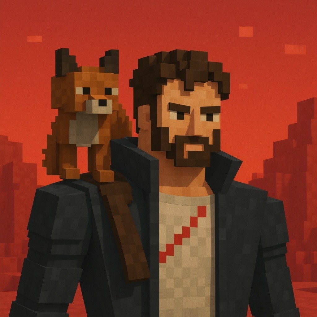 Voxel-Style Character in Fiery Red Landscape
