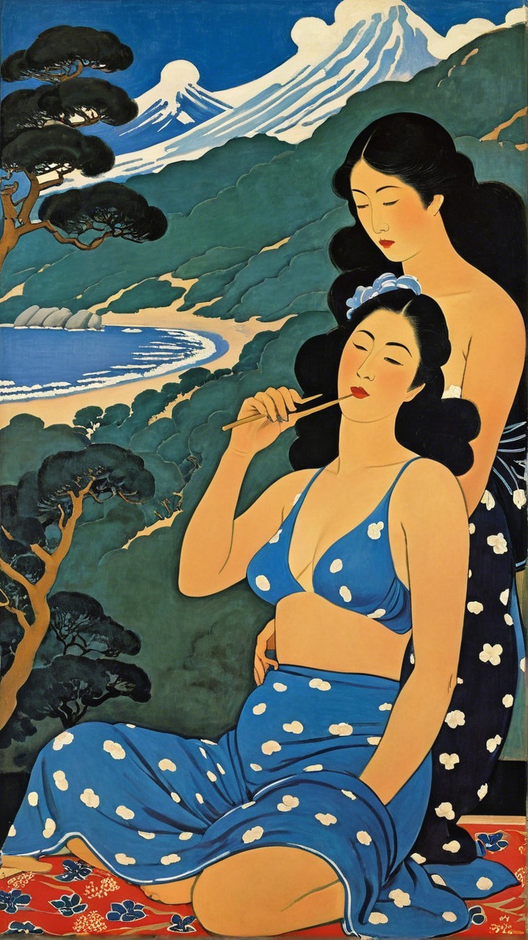Women in Floral Attire in Scenic Outdoor Setting