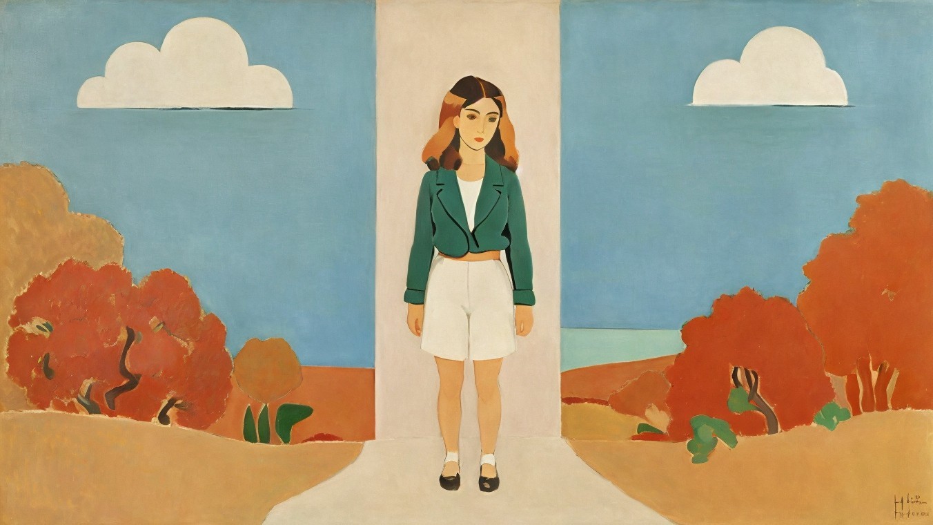 Young girl on autumn path with vibrant trees