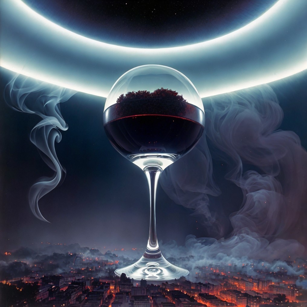 Elegant Glass with Dark Liquid Above Cityscape at Night