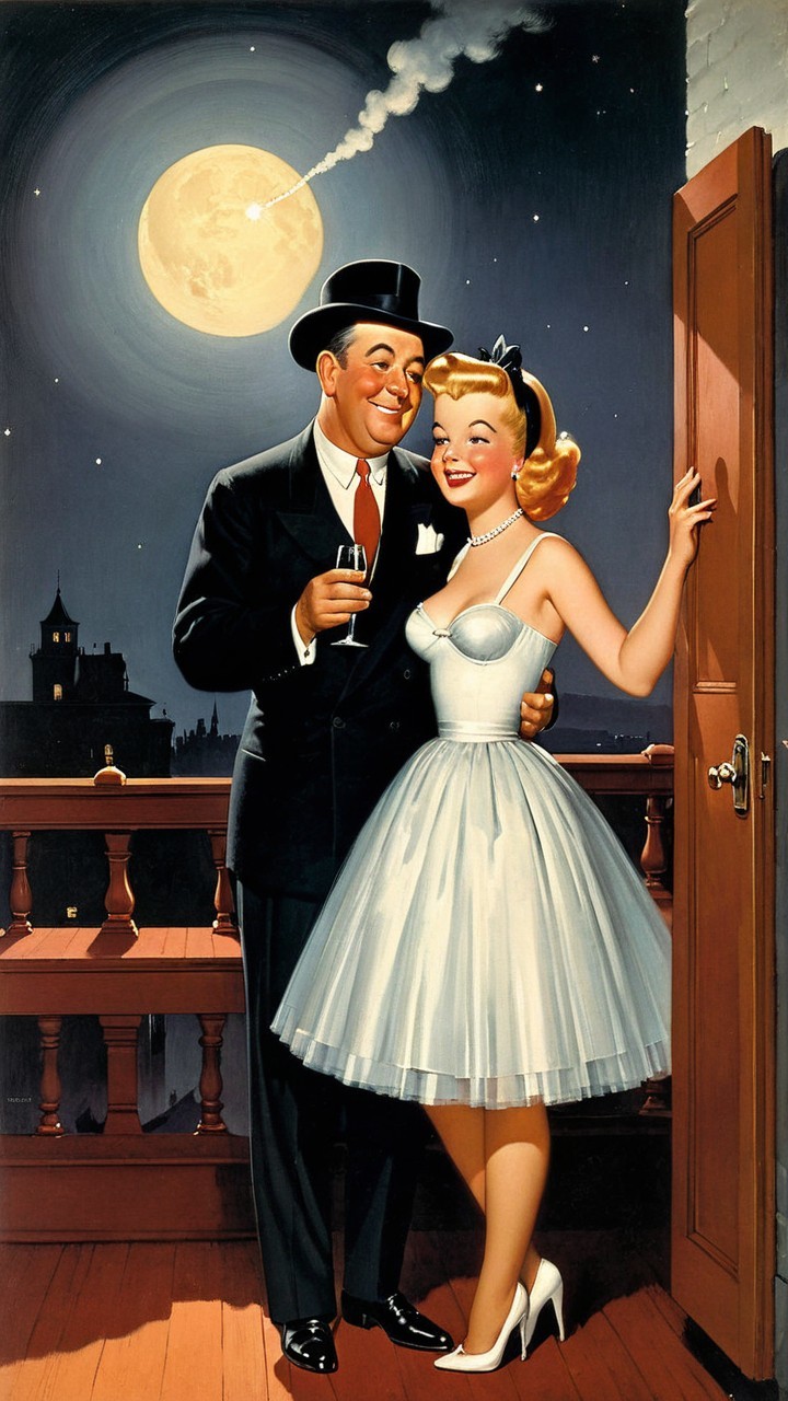 Stylish Couple on Balcony Under Glowing Moonlight