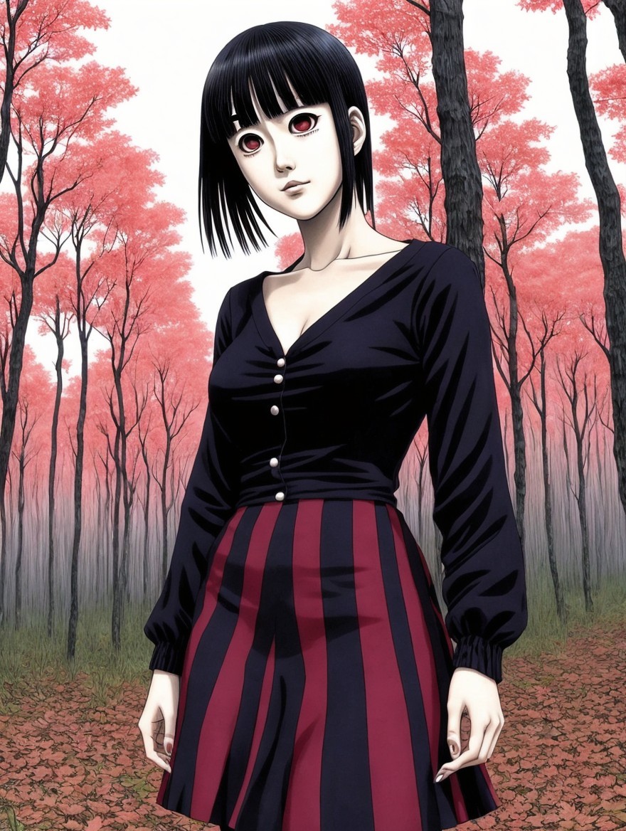 Young woman in a vibrant pink tree forest setting