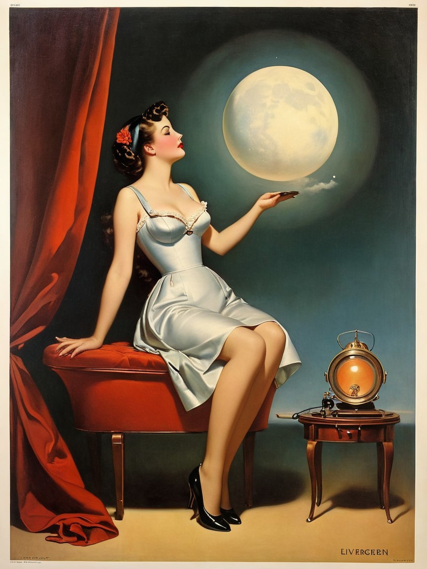 Glamorous Woman in White Dress with Luminous Moon