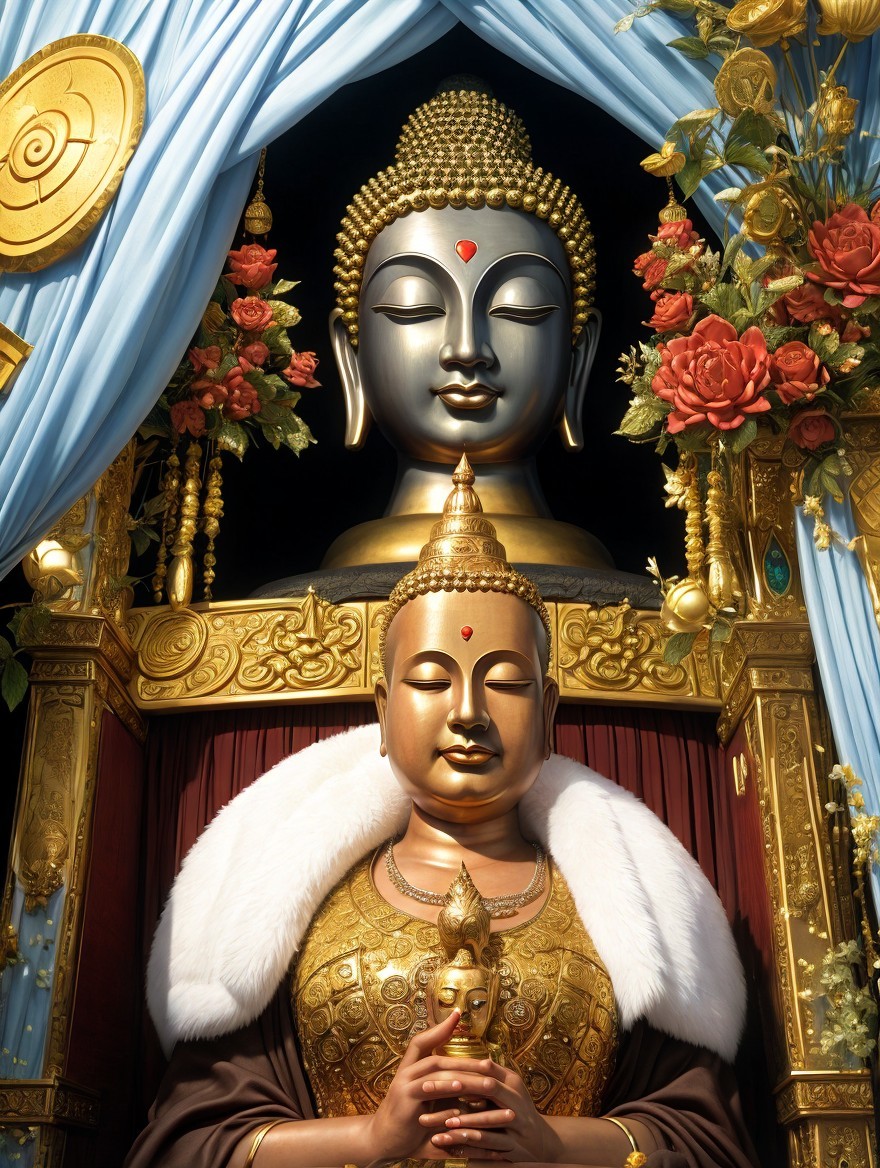 Serene Buddhist Altar with Two Majestic Buddha Statues