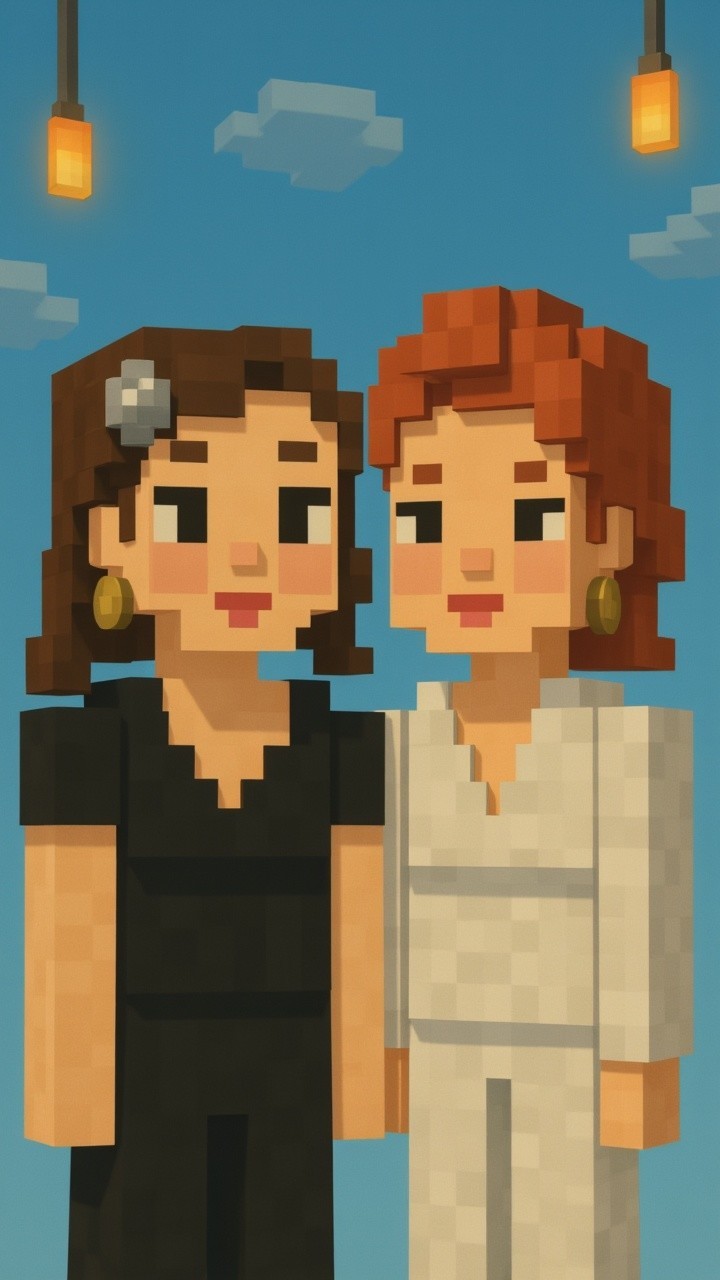 Pixelated Female Characters with Bright Sky Background