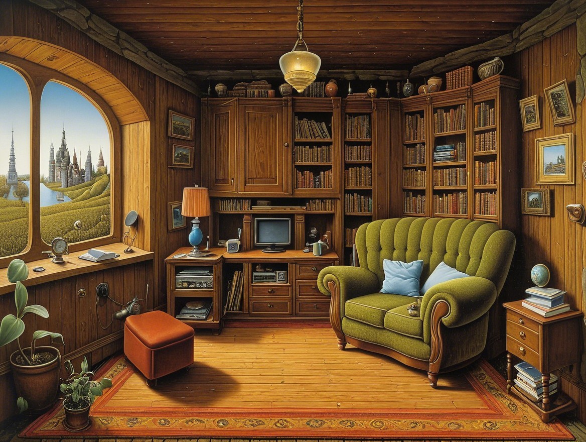Cozy wood-paneled room with bookshelves and sofa