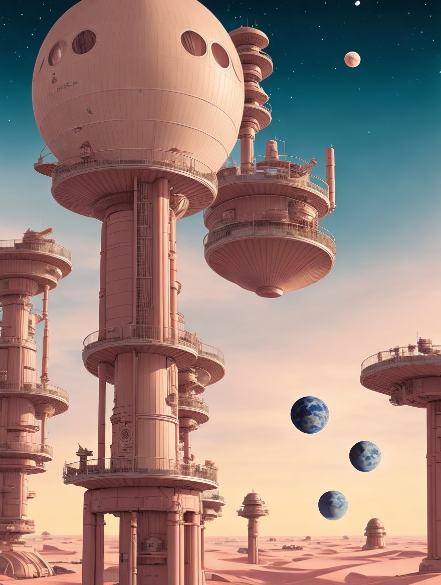 Futuristic landscape with dome-shaped structures and planets