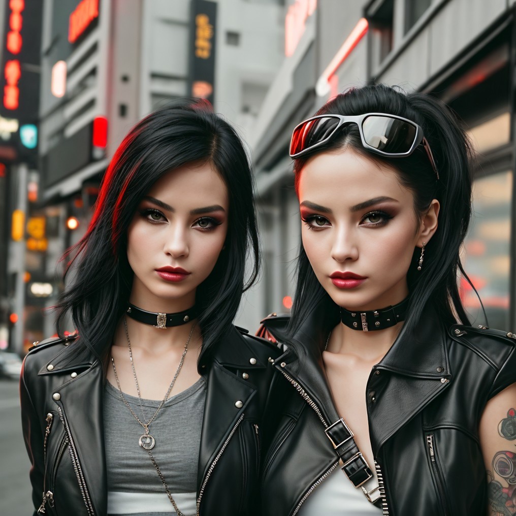 Stylish Young Women in Urban Setting with Neon Lights