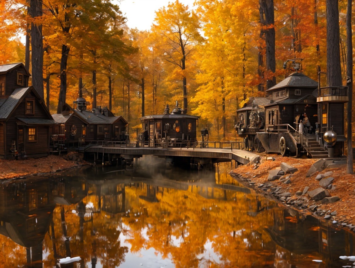 Charming Wooden Houses by a Serene Autumn Pond