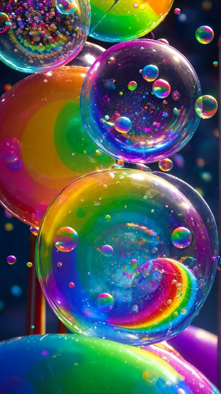 Colorful Bubbles with Rainbow Patterns on Dark Background