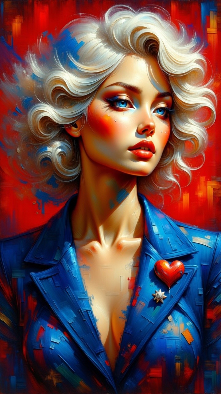 Portrait of a Woman in Blue Blazer Against Red Background