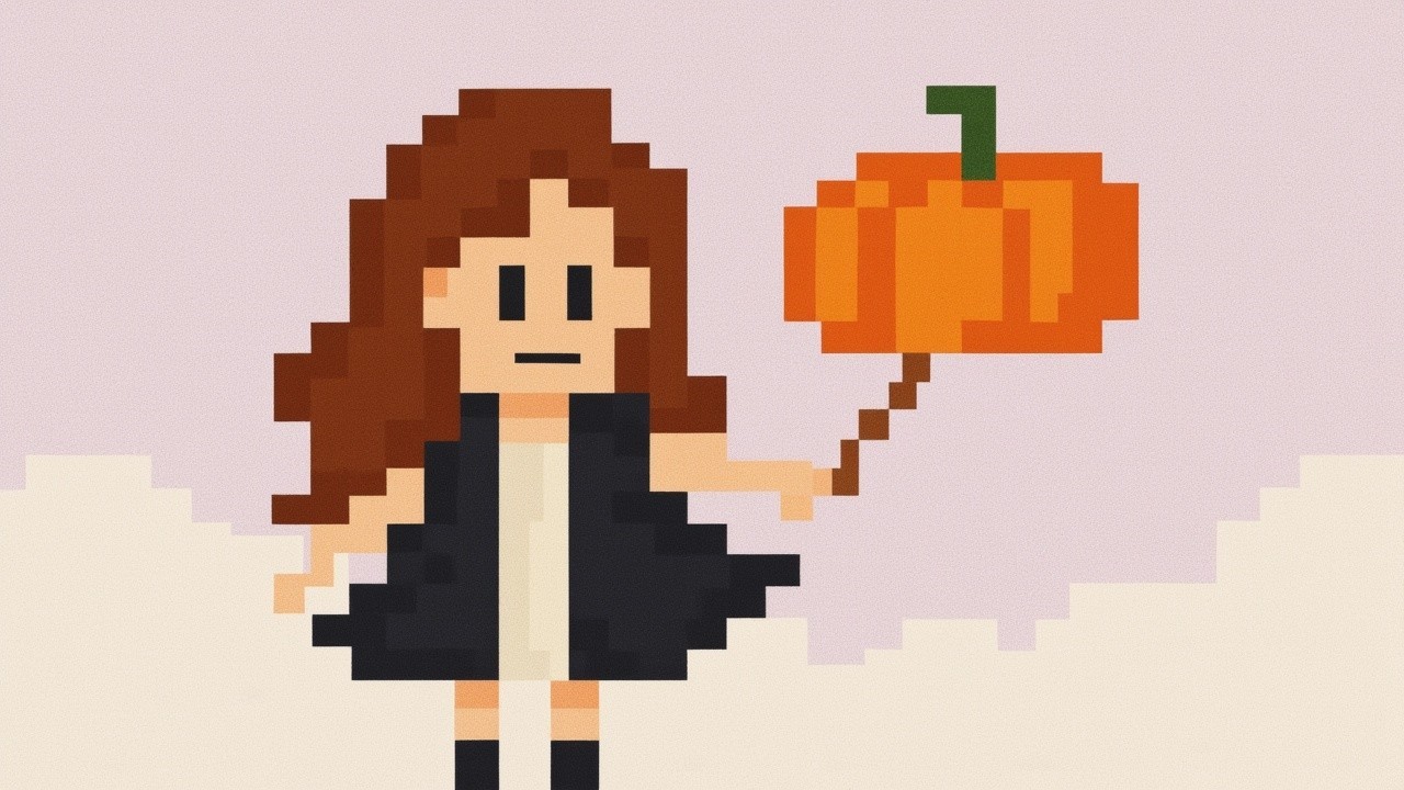 Pixel Art Character with Pumpkin Against Pastel Background