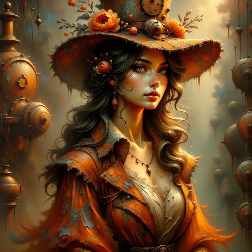 Woman in Elaborate Floral Hat with Steampunk Elements